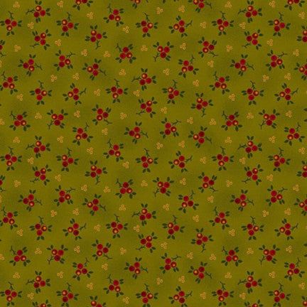 Baubles & Balsam berry sprigs evergreen fabric with red berries and green leaves on olive background