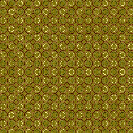 Baubles & Balsam geometric evergreen fabric with olive green and red circular patterns by Kim Diehl for Henry Glass & Co.