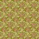 Baubles & Balsam Holiday Foulard Evergreen fabric with ornate floral and acanthus leaf patterns in olive green and red by Kim Diehl