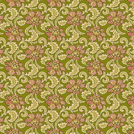Baubles & Balsam Holiday Foulard Evergreen fabric with ornate floral and acanthus leaf patterns in olive green and red by Kim Diehl