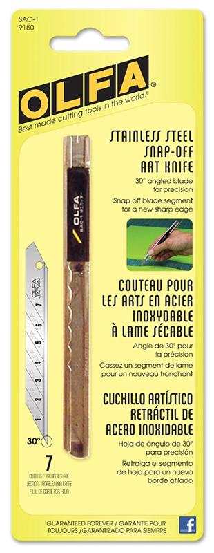Olfa Stainless Steel Snap Off Knife with 30-degree blade angle and snap-off segments for precision cutting