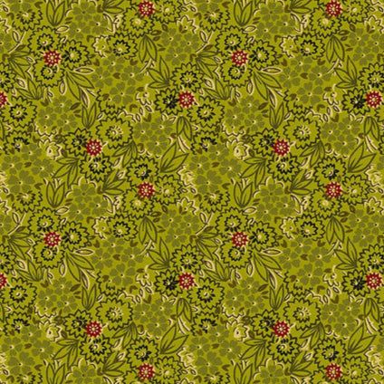 Baubles & Balsam pressed flowers evergreen fabric by Kim Diehl with olive green and red floral quilt design