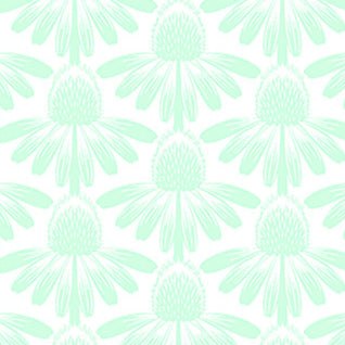 Indelible Soft Mint Coneflower fabric pattern by Anna Maria Textiles with hand-drawn watercolor mint green coneflowers on white background