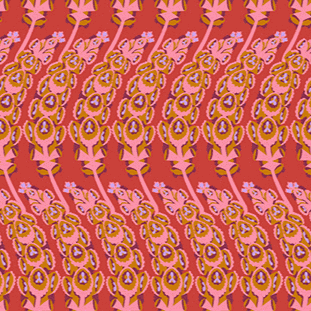 Jumpstart Bells of Ireland Coral fabric by Anna Maria Parry featuring vibrant floral patterns on coral background