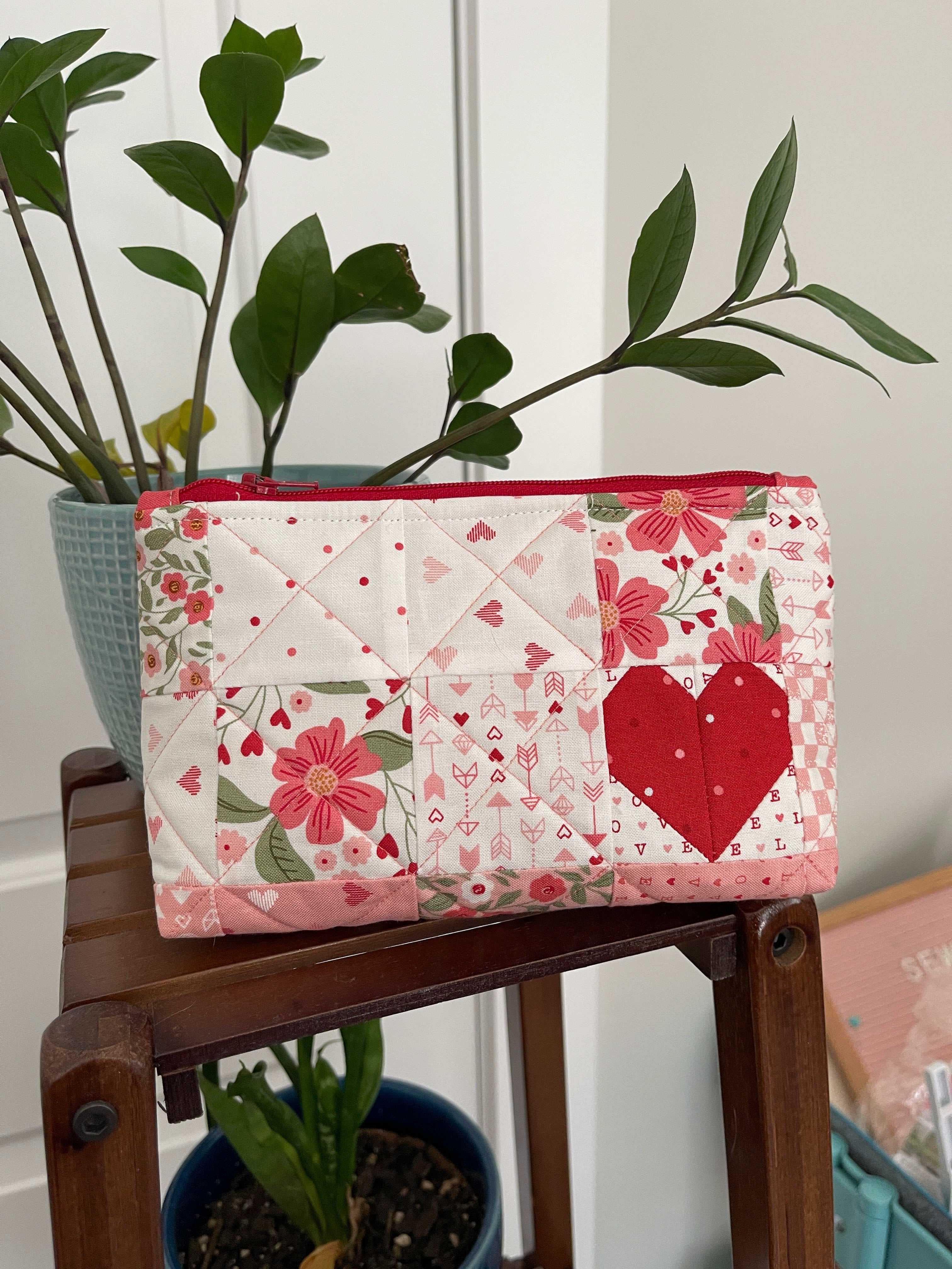 Candy Cordial Pouch with floral and heart patchwork design by Chrissy Lux for Moda Fabrics