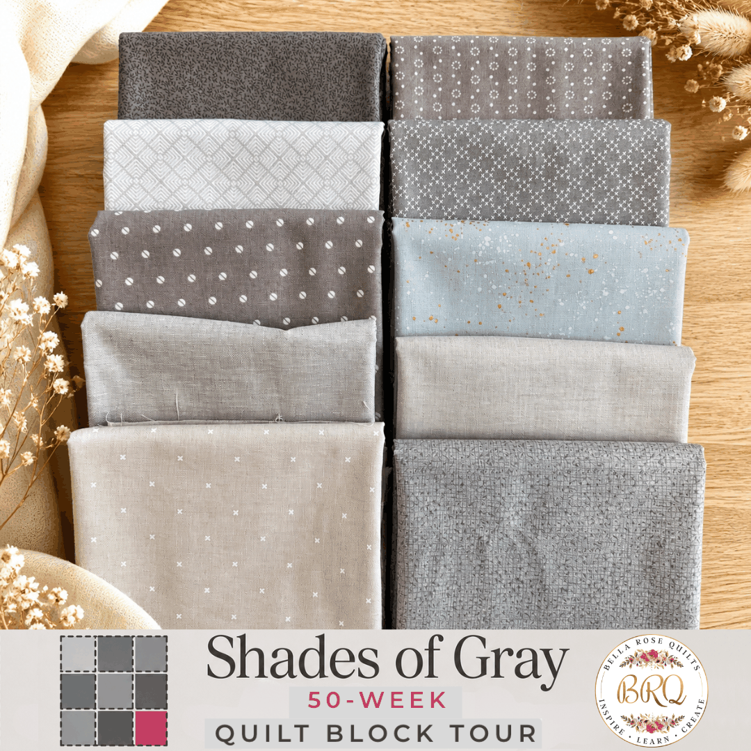 10 fat quarter fabrics in neutral gray tones from the Shades of Gray Windmill Block Bundle for quilting projects