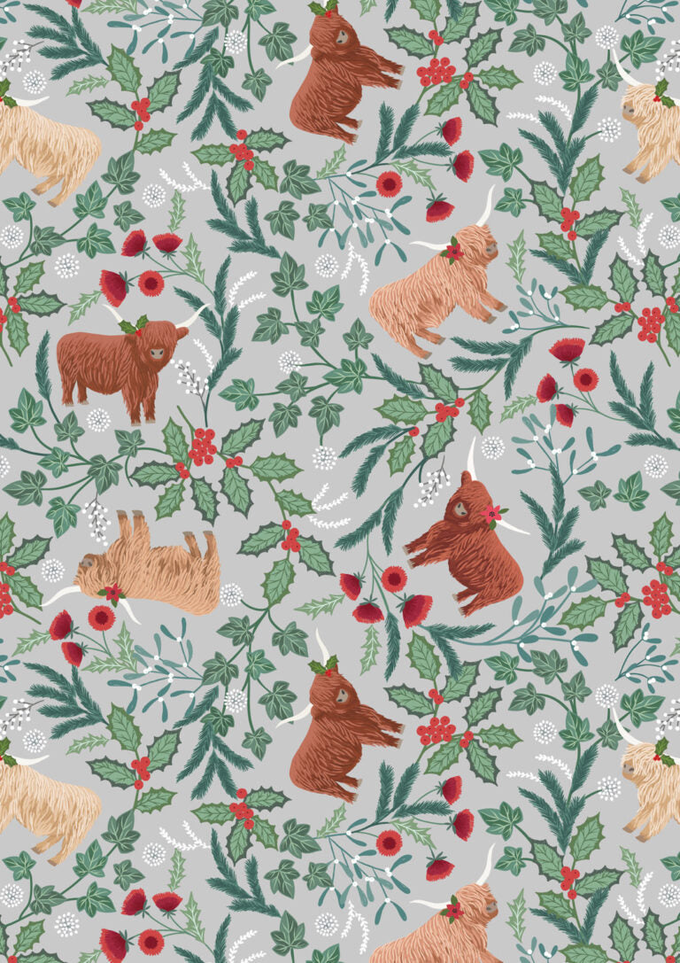 Celtic Christmas fabric with Highland cows, holly, foliage, and gingham on misty silver background