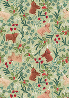 C130B Celtic Christmas fabric with Highland cows, holly, and checks on festive sage background