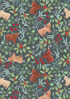 Celtic Christmas fabric with Highland cows, holly, and gingham patterns on iced forest background