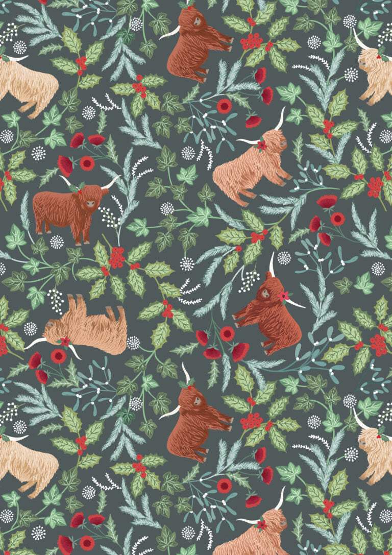 Celtic Christmas fabric with Highland cows, holly, and gingham patterns on iced forest background
