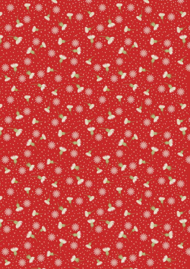 Celtic Christmas fabric with thistledown pattern on red by Lewis & Irene featuring Highland cows and festive holly