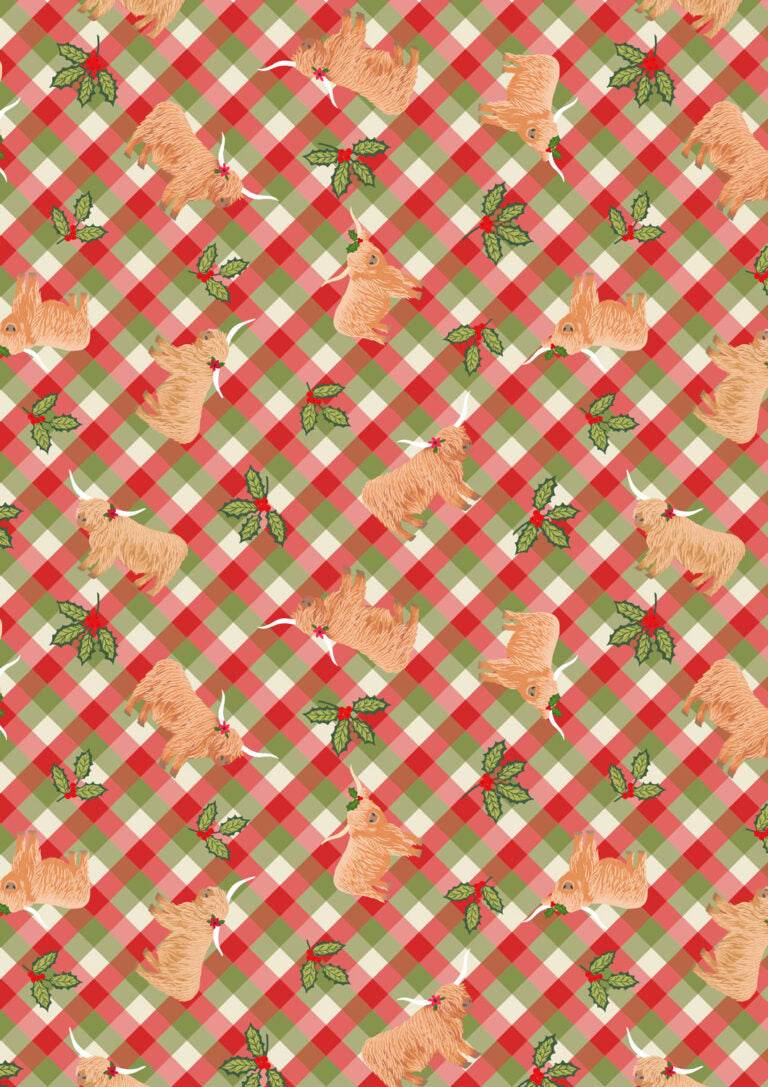 Celtic Christmas fabric with Highland cows, holly, and gingham pattern by Lewis & Irene