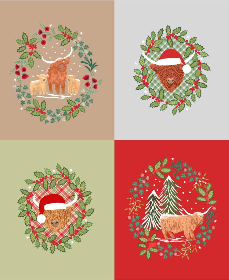 Celtic Christmas fabric panel featuring Highland cows, holly, foliage, and gingham patterns by Lewis & Irene