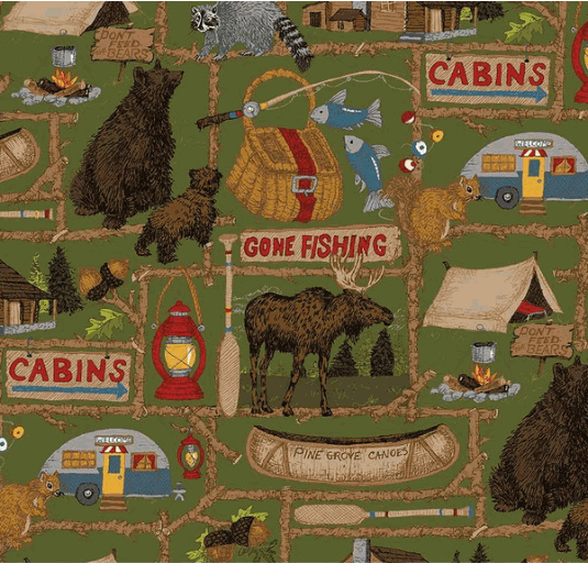 Pine Grove by RBD Designers fabric with green outdoor camping icons and wildlife print