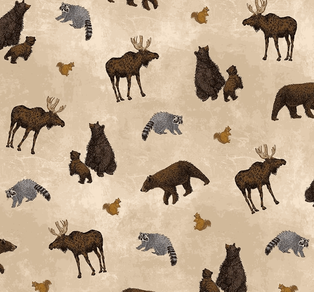 Pine Grove Animal Toss Putty fabric with moose, bears, raccoons, and squirrels on putty background, 100% cotton quilting fabric by Riley Blake Designs