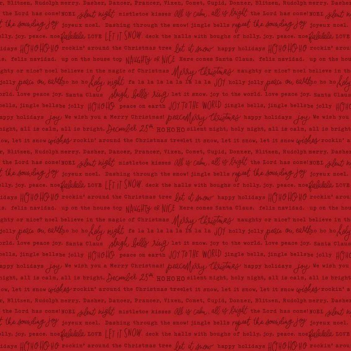 Charming Christmas Words red fabric with Santa and Mrs. Claus design by Kelsey Carlson for Riley Blake Designs