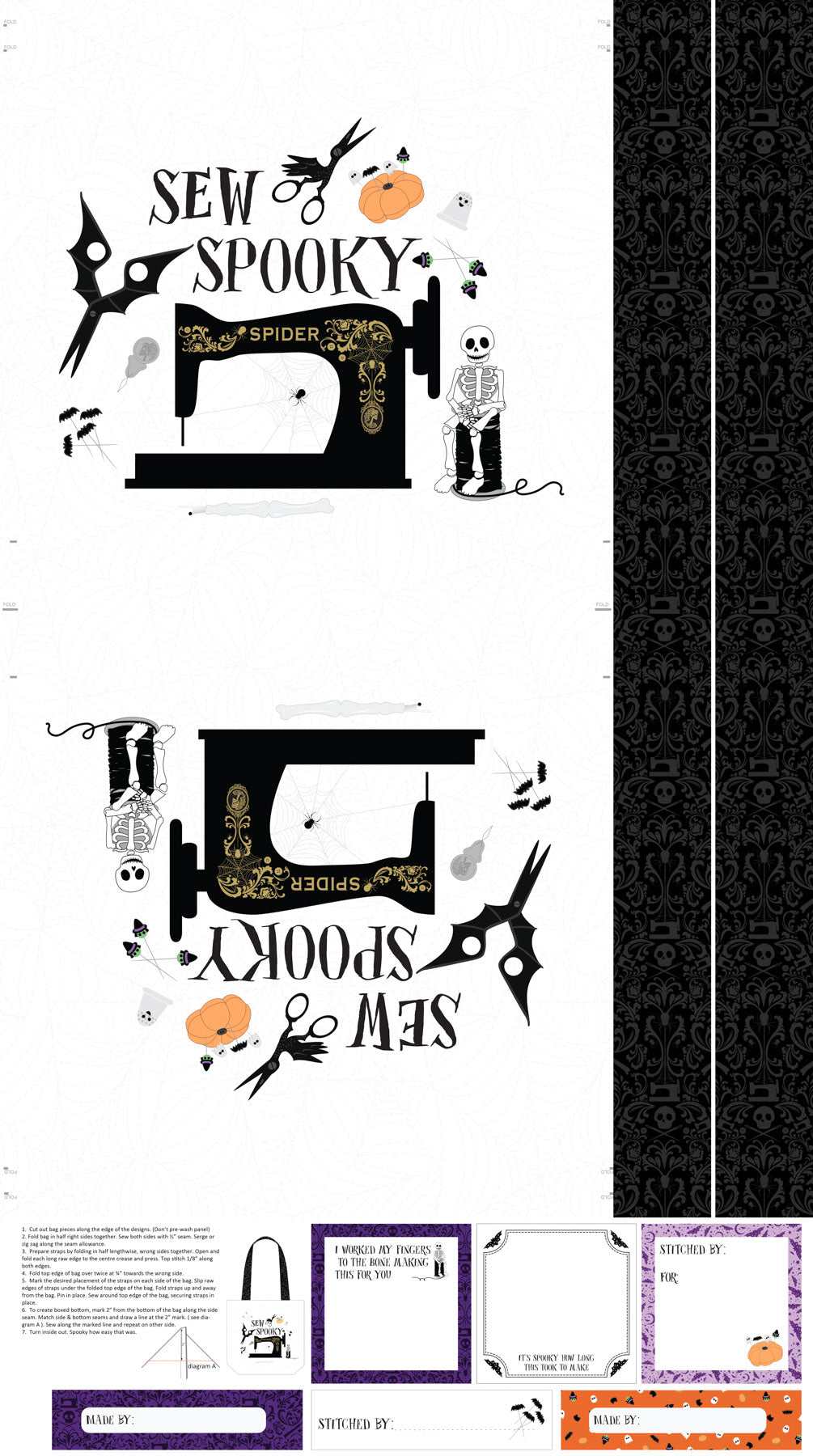 Mr. Bones Sews canvas panel with spooky Halloween sewing design and skeleton illustrations by Kimberlee Peers-Moore