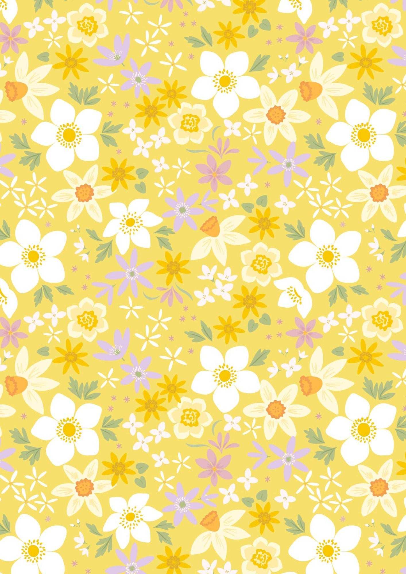 Joys of Spring fabric by Cassandra Connolly for Lewis & Irene featuring yellow background with white and pastel floral print