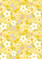 Joys of Spring fabric by Cassandra Connolly for Lewis & Irene featuring yellow background with white and pastel floral print