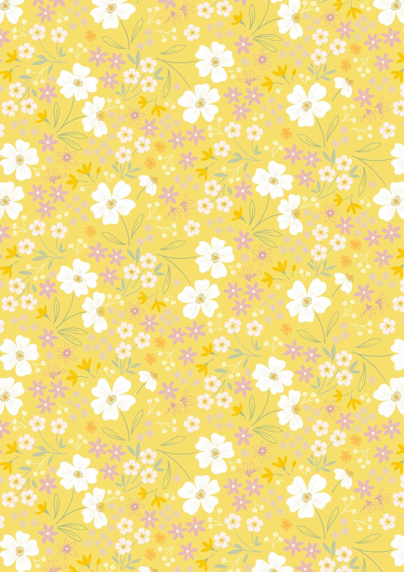 Joys of Spring yellow fabric with white and pastel floral pattern by Cassandra Connolly