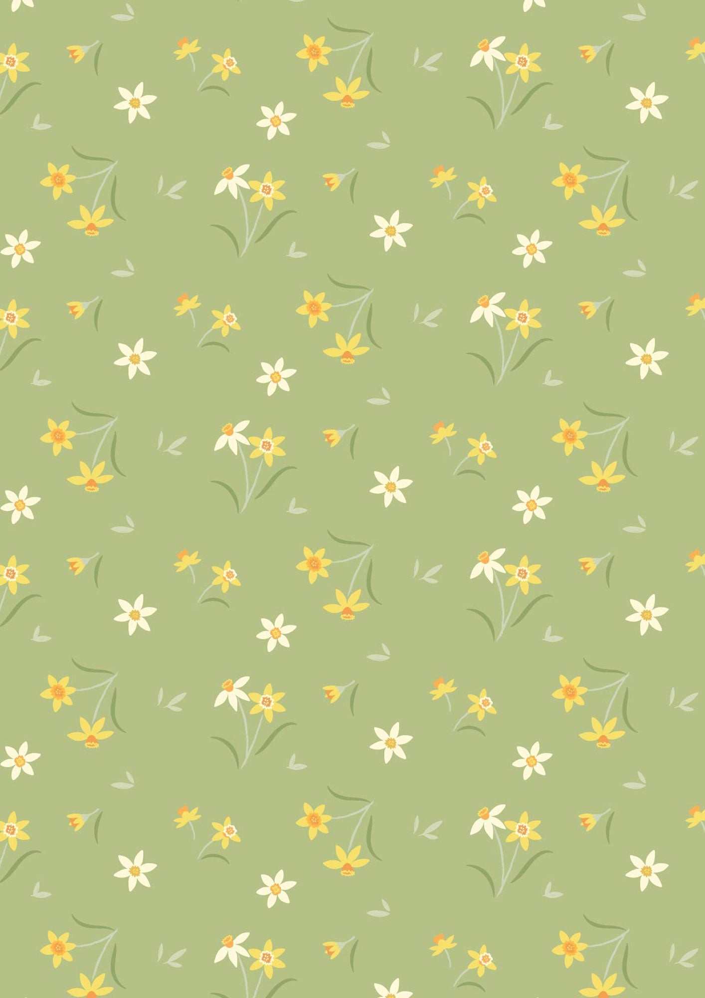 Joys of Spring fabric with spring green background and yellow and white daffodil floral pattern