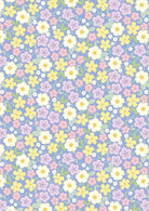 Dear Spring Primrose Prairie fabric pattern in dusky mid blue by Cassandra Connolly for Lewis & Irene Fabrics