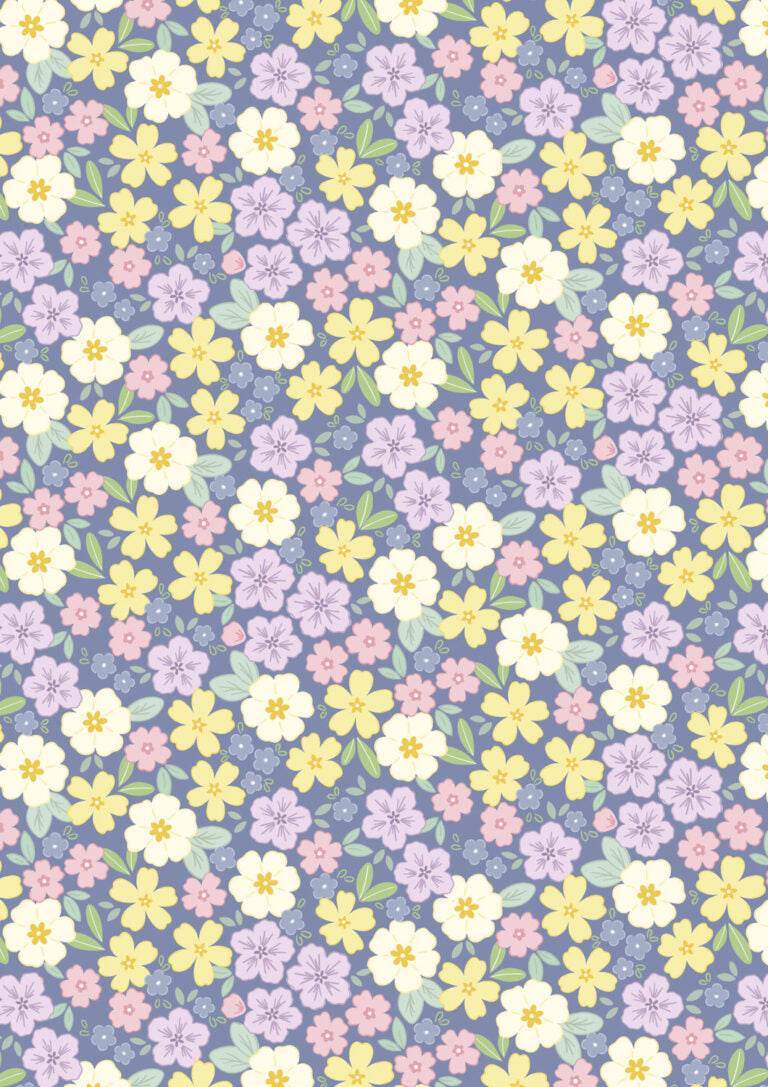 Dear Spring Primrose Prairie Dusky Dark Blue fabric pattern by Cassandra Connolly for Lewis & Irene, sold in half-yard increments
