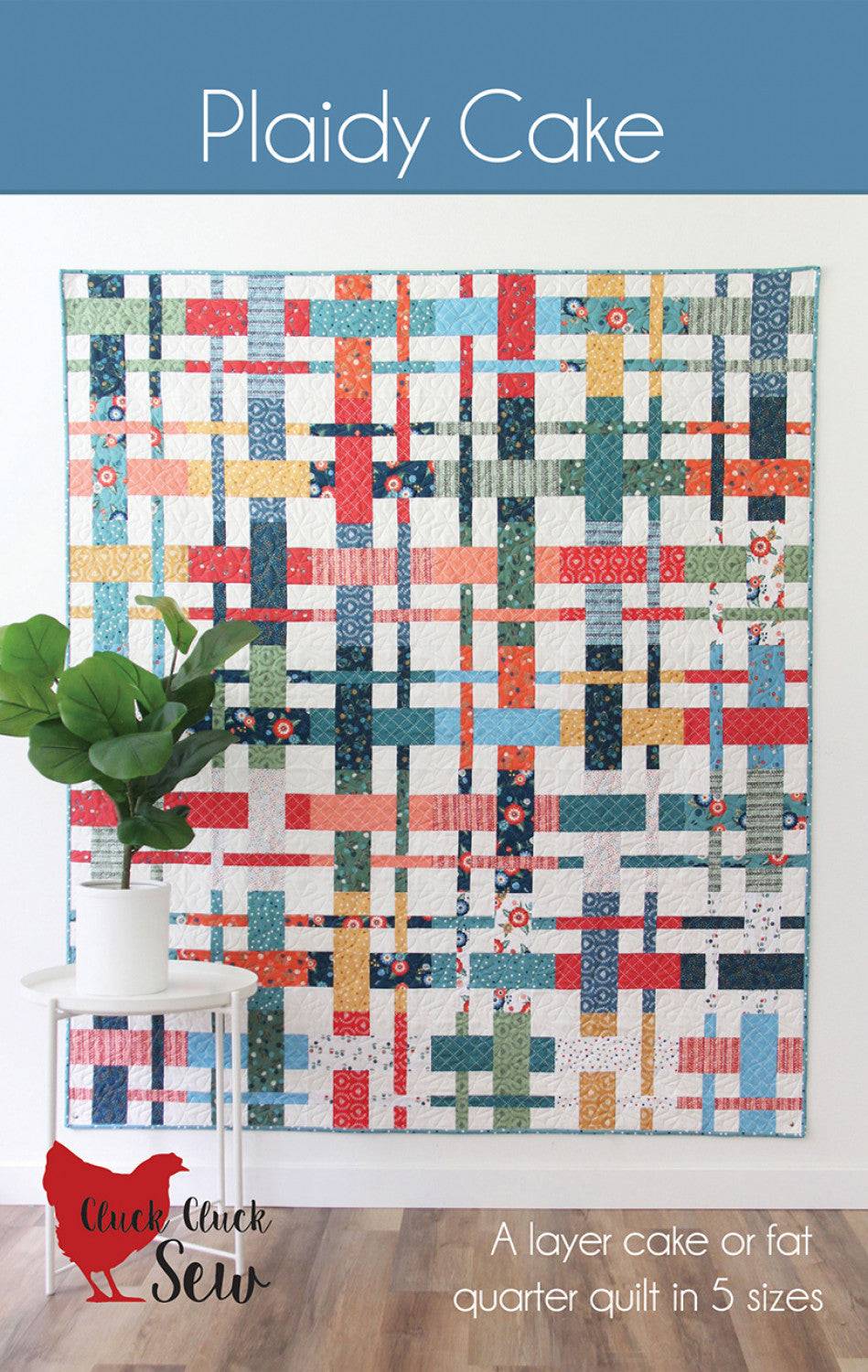 Plaidy Cake quilt pattern by Cluck Cluck Sew featuring woven design with 10” squares and fat quarters, beginner friendly in 5 sizes