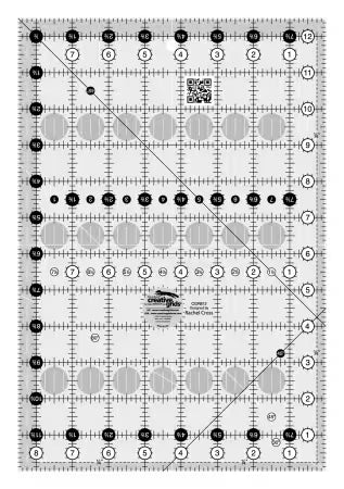 Creative Grids Quilt Ruler 8-1/2in x 12-1/2in with black and white marked grids, angled lines, and non-slip grip for precise fabric cutting