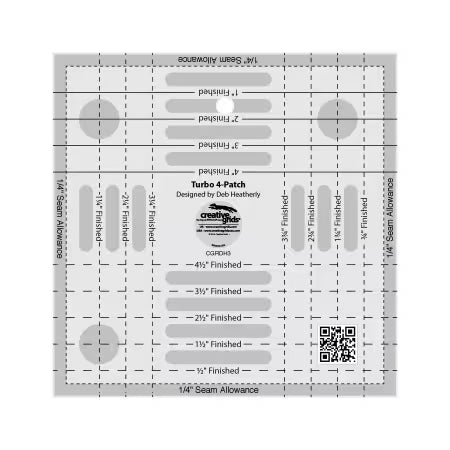 Creative Grids Quilt Ruler Turbo 4-Patch Template with non-slip grip and precision markings for accurate quilting and patchwork.