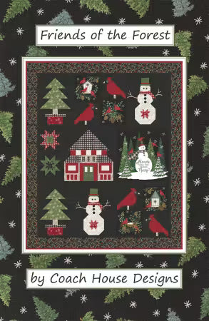 Winter lap quilt Friends of the Forest pattern with trees, cardinals, snowmen, and lodge blocks by Coach House Designs