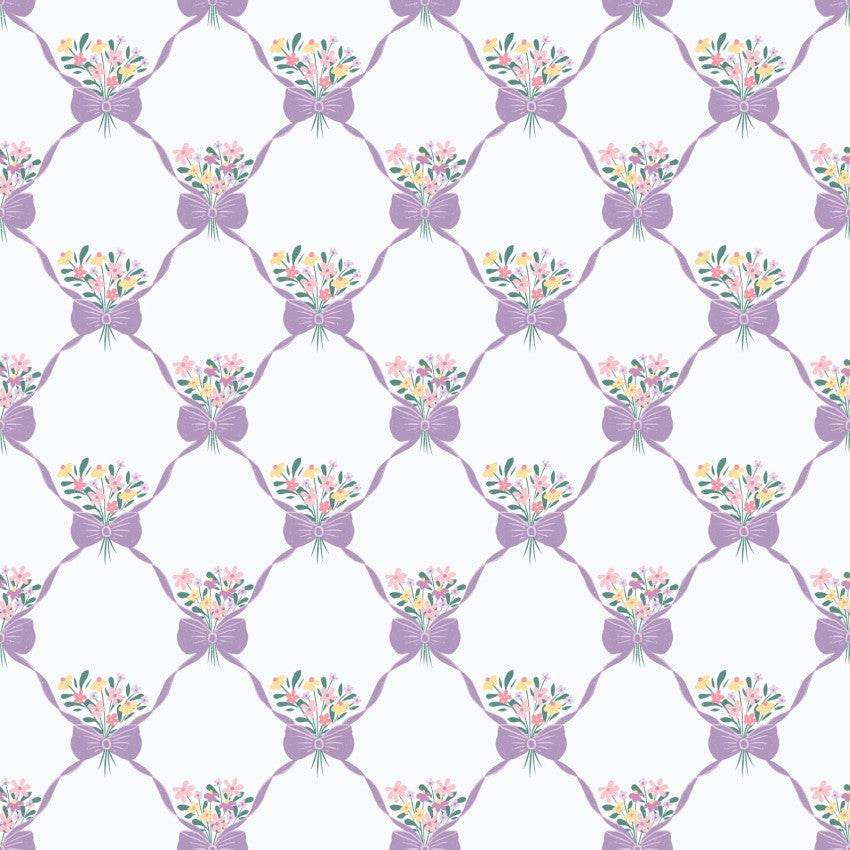 Purple multi Bunny Blossoms Bouquets fabric with floral and bow pattern by Dominika Godette for Cloud9 Fabrics