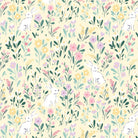 Bunny Blossoms Bunny Meadow fabric with white bunnies and colorful spring flowers on light yellow background