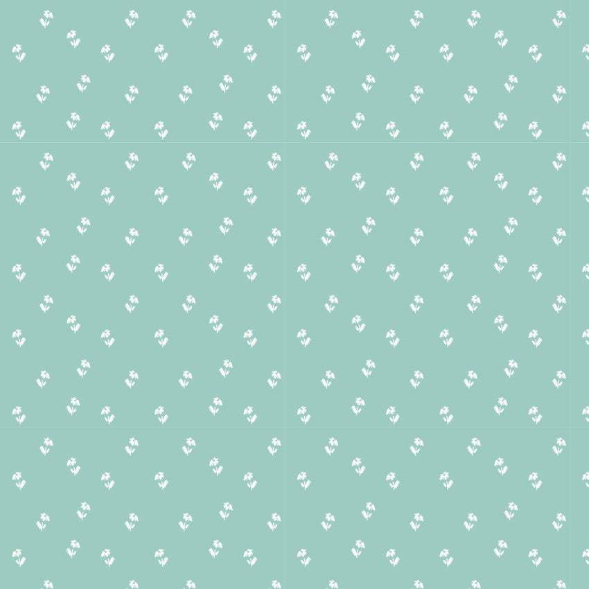 Bunny Blossoms Daisy Toss Teal fabric by Dominika Godette with small white flower pattern on teal background