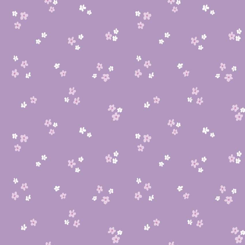 Bunny Blossoms Ditsy Flowers purple fabric with small white and pink floral prints by Dominika Godette for Cloud9 Fabrics