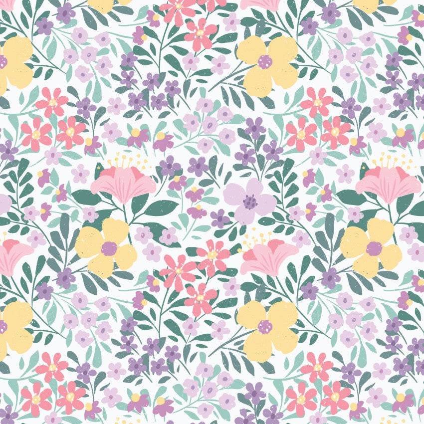 Bunny Blossoms floral spring fabric with pastel flowers and greenery by Dominika Godette for Cloud9 Fabrics