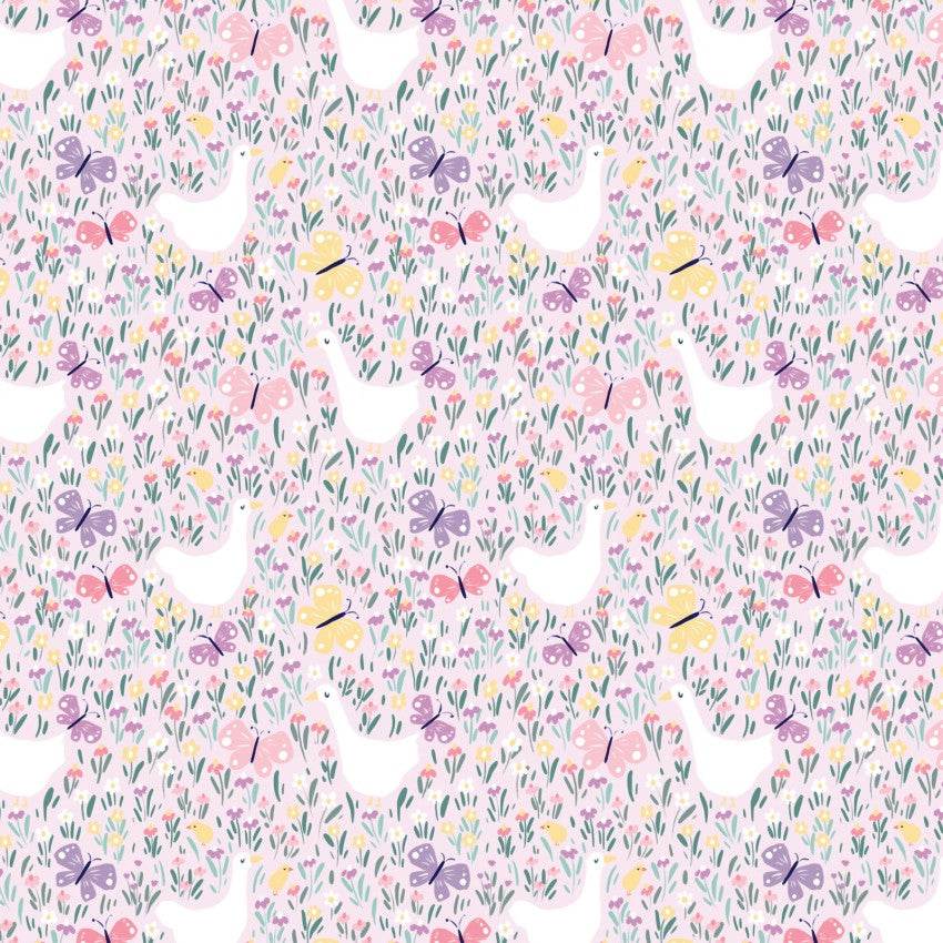 Pink Bunny Blossoms fabric with white geese and colorful butterflies pattern by Dominika Godette for Cloud9 Fabrics