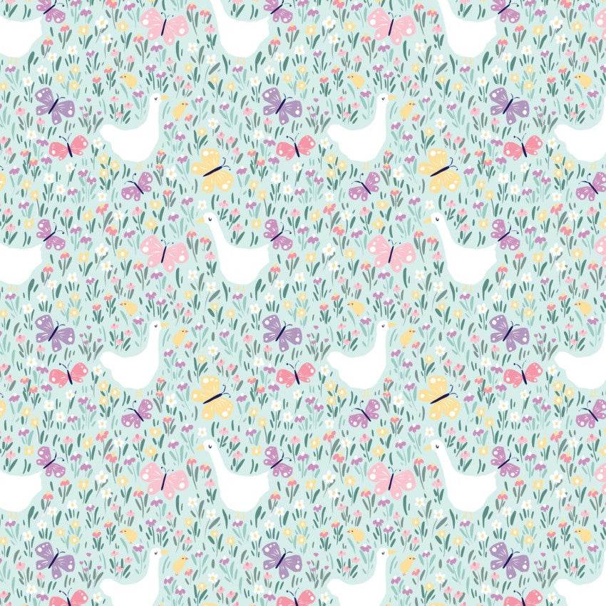 Bunny Blossoms fabric with geese, butterflies, and floral green multi pattern by Dominika Godette for Cloud9 Fabrics