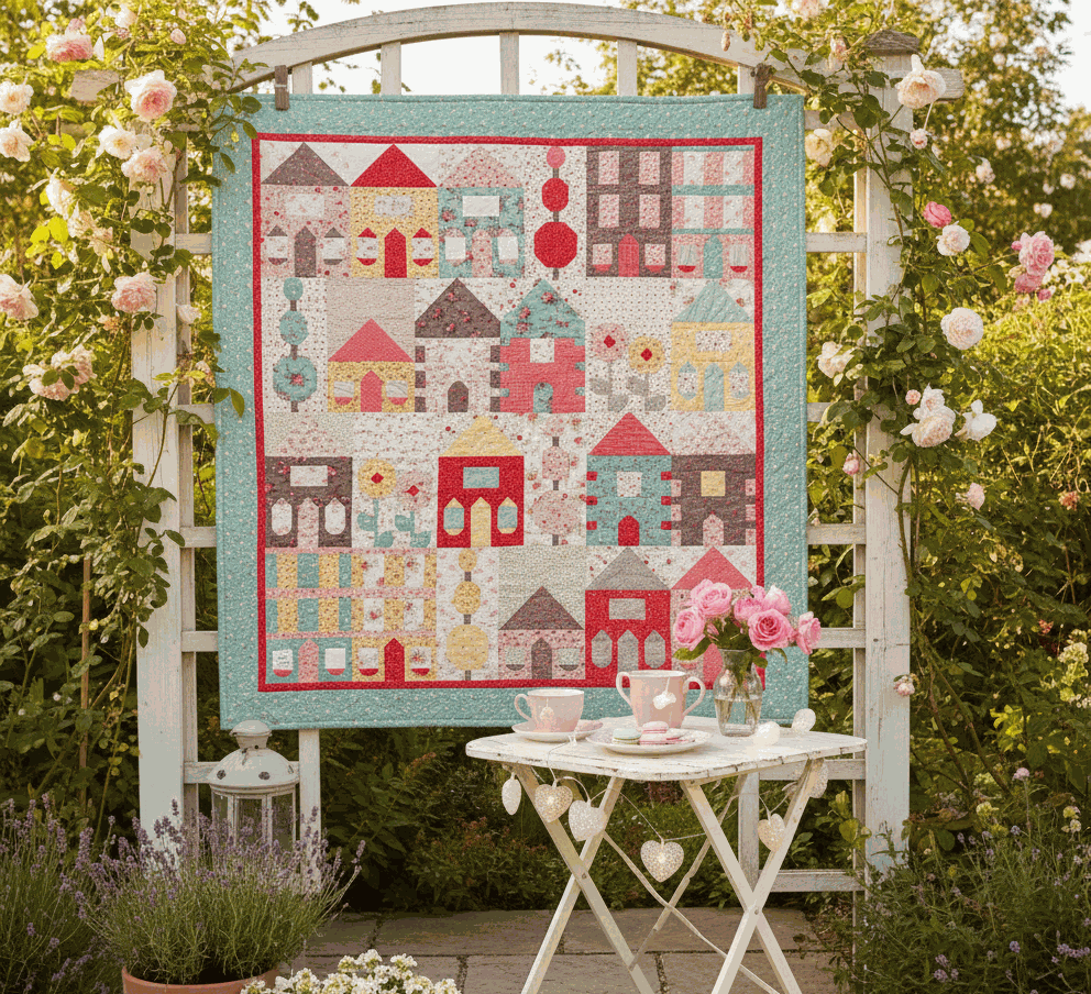 Charleston Row House Quilt Kit with Lyda Rose fabric and two border options, 74x78 inches