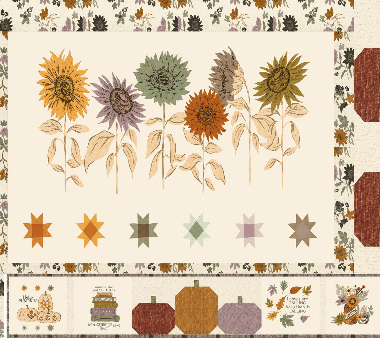 Thankful Table Topper and Runner Kit featuring Windfall fabric by Fancy That Design House for Moda Fabrics on a decorated table