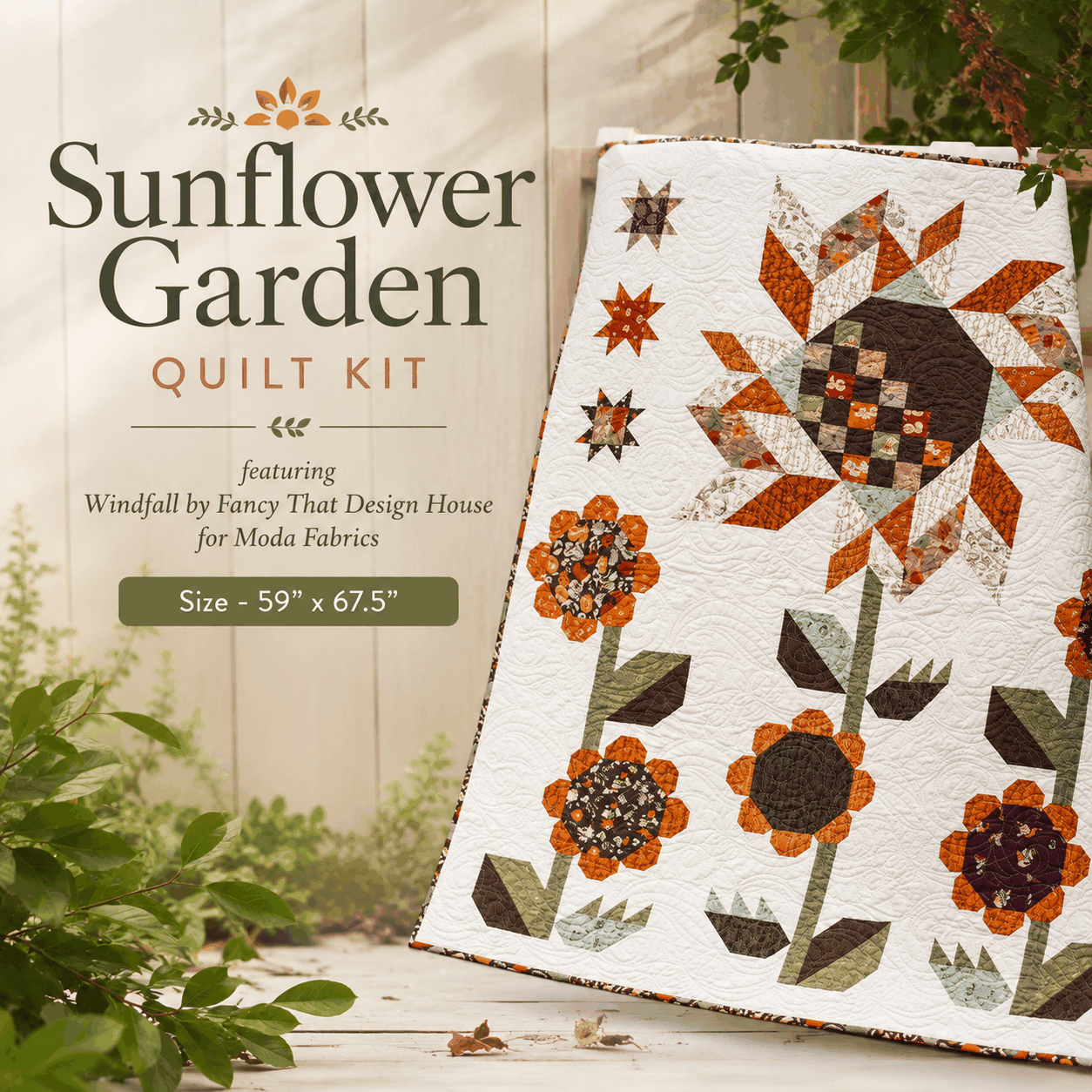 Sunflower Garden quilt kit featuring Windfall fabrics by Fancy That Design House for Moda Fabrics, 59x67.5 inches, Thankful Table Topper