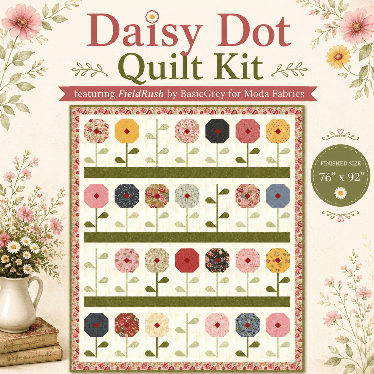 Daisy Dot Quilt Kit featuring FieldRush by BasicGrey with 76x92 inch quilt top and binding fabrics