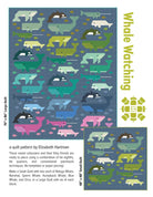 Patchwork whale quilt blocks featuring beluga, narwhal, sperm, humpback, blue whales, and orca for Whale Watching Quilt Pattern by Elizabeth Hartman