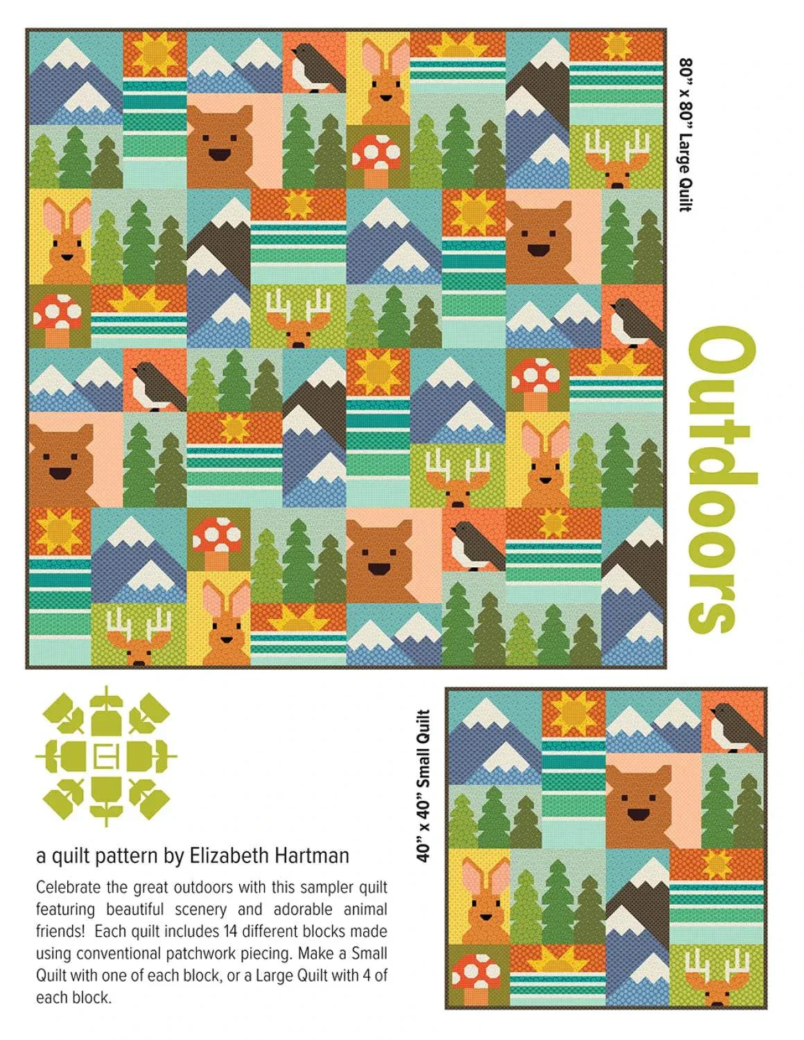 Outdoors Quilt Pattern sampler with patchwork blocks featuring nature and animals by Elizabeth Hartman