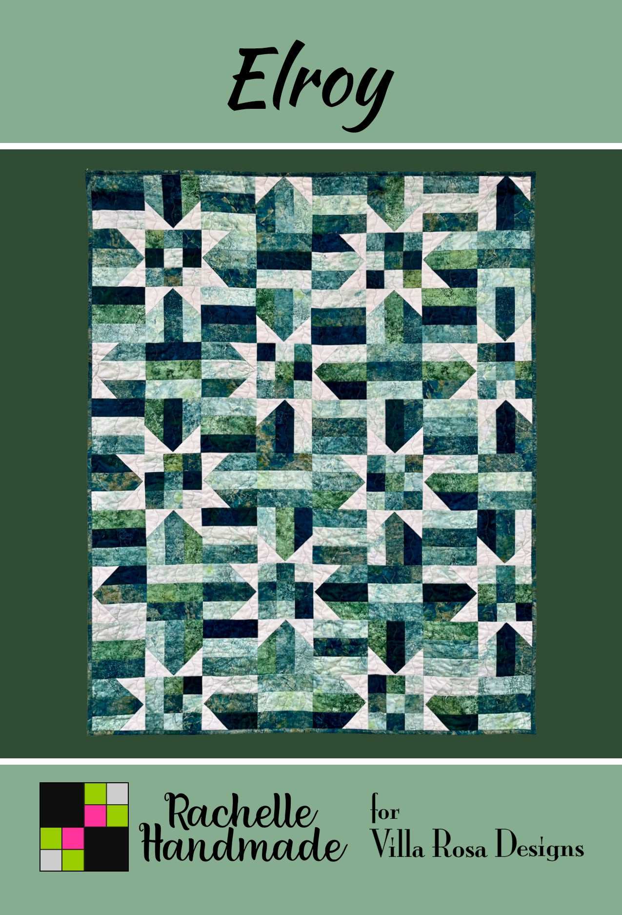 Elroy Pattern quilt design by Villa Rosa Designs with green and white geometric blocks
