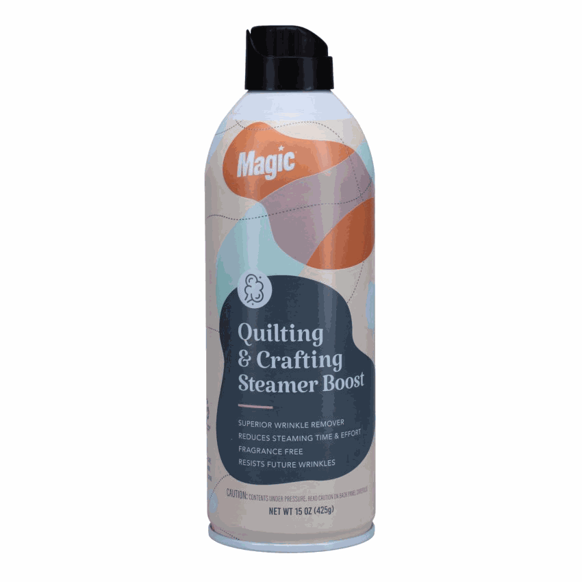 Magic Quilting & Crafting Steamer Boost aerosol spray reducing wrinkles and steaming time, fragrance-free, 15 oz can.