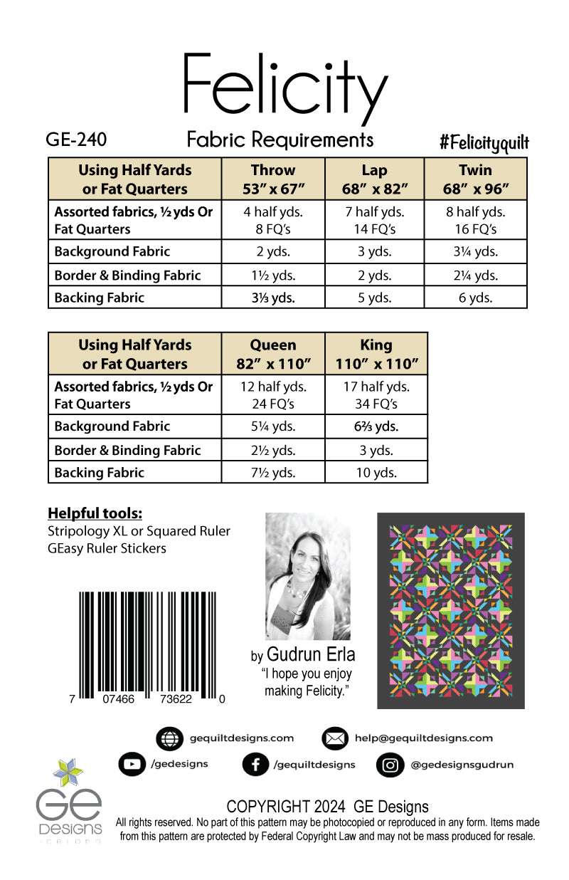 Felicity quilt pattern showcasing bold modern design with ½-yard and Fat Quarter fabric cuts.