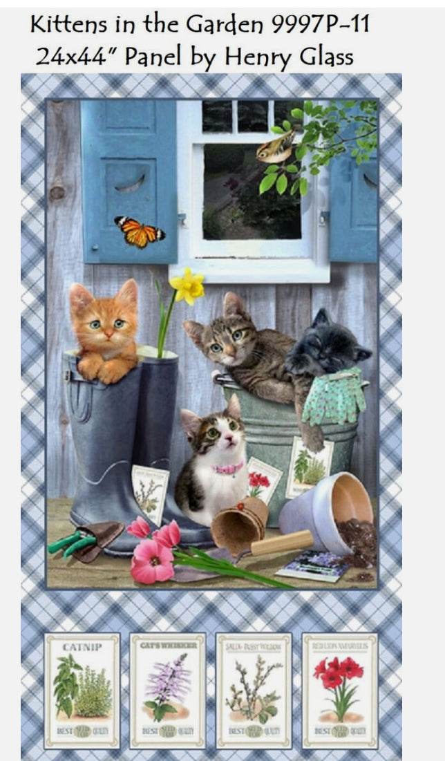 Kittens in the Garden panel with playful kittens, flowers, gardening tools, and butterfly by Henry Glass