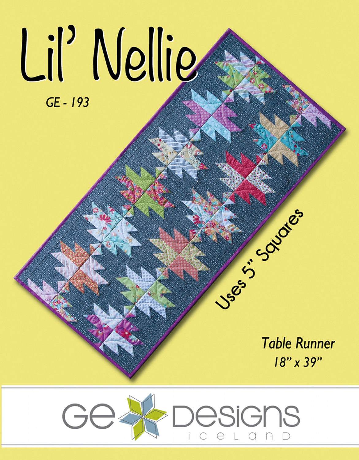 Lil' Nellie quilted table runner with colorful mixed fabric squares and 5" squares design by G.E. Designs