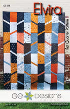 Elvira Quilt Pattern by GE Designs colorful fat quarter quilt with geometric strips in blue, orange, white, and black.